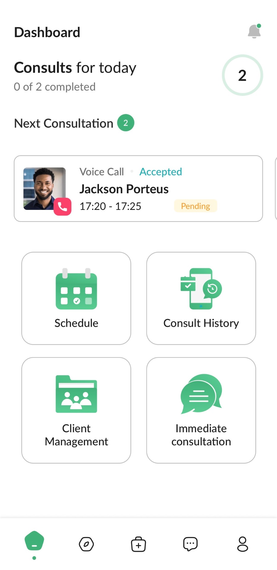 HealthMate app dashboard showing practitioner booking, telehealth consult, and client management tools